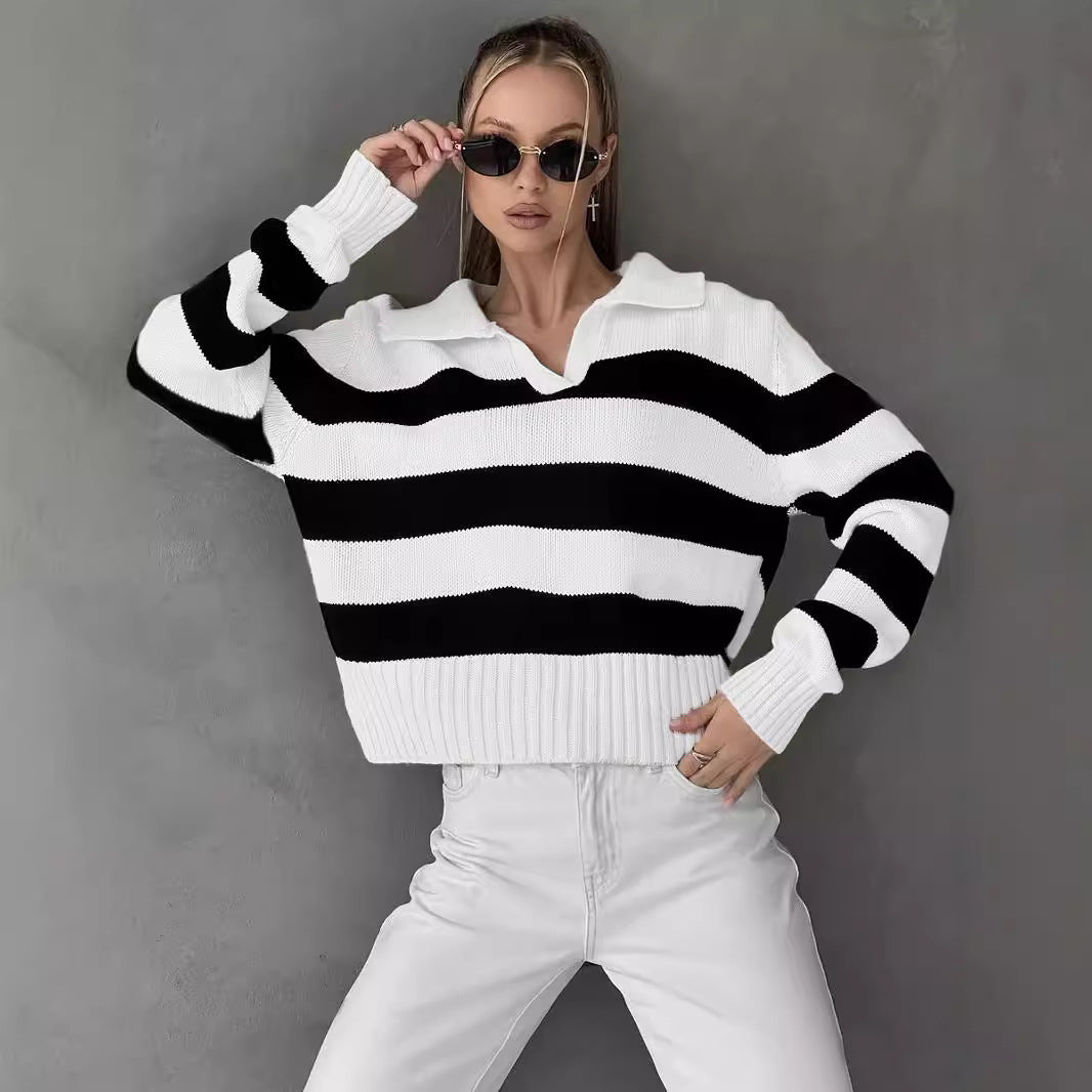 Kvinne casual genser med V-hals og brede striper Skjora