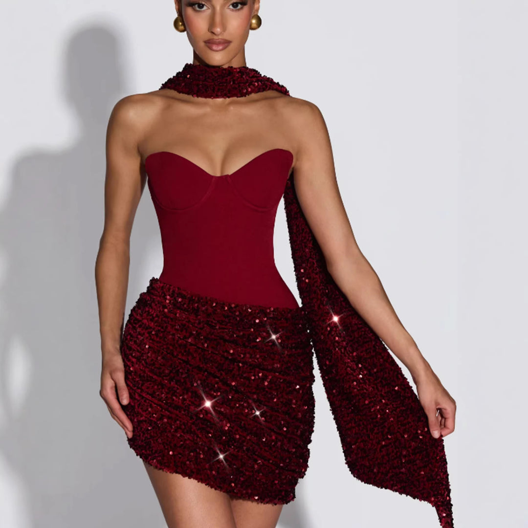 Damer Glamorous Mini Kjole med Figursydde Bustier Top og Imponerende Paljettskjørt Skjora