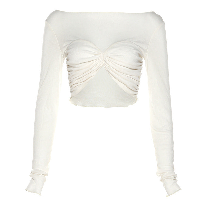 Dame Langermet Cropped Top med rynket design og off-shoulder look Skjora