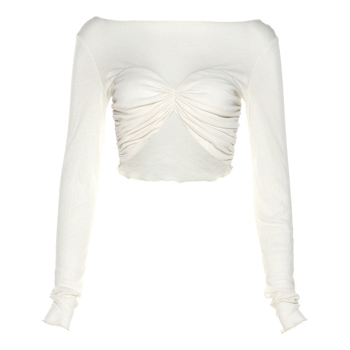 Dame Langermet Cropped Top med rynket design og off-shoulder look Skjora