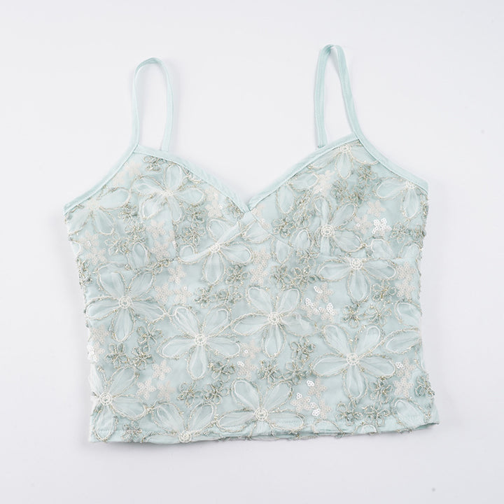 Dame spaghetti stroppetopp med florale broderier og Lurex-akkenter Skjora