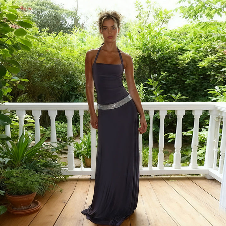 Damer Elegant Maxikjole med stilig Halterneck og glitterakenter Skjora