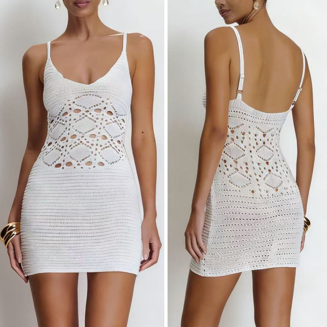 Damen Häkel-Strandkleid mit tiefem V-Ausschnitt und raffiniertem Netzdesign Skjora
