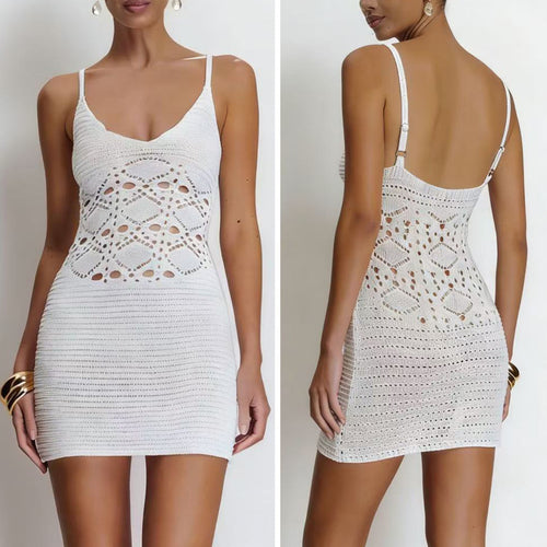 Damen Häkel-Strandkleid mit tiefem V-Ausschnitt und raffiniertem Netzdesign Skjora