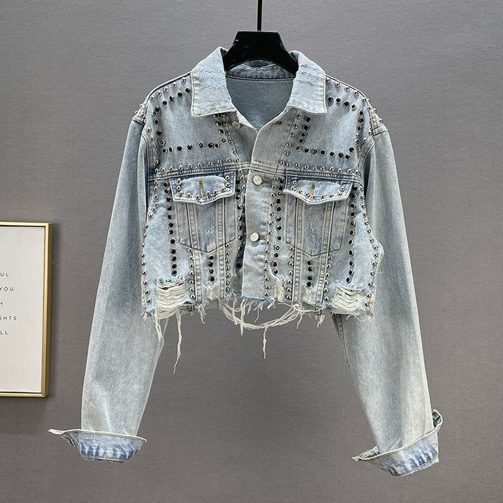Damer Designer Denim Jakke med Nitter og Frynser Skjora