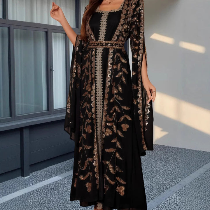 Kvinne Elegant Kaftan Kjole med Utsøkt Broderi og Flytende Snitt