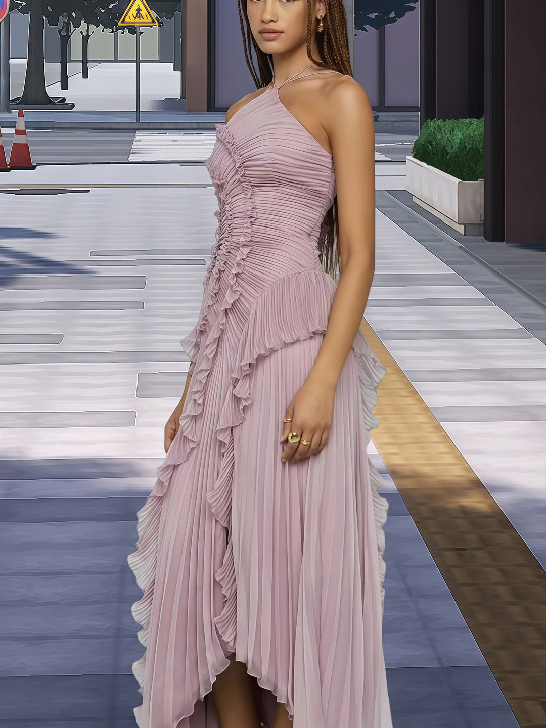 Women's Elegant Wrapped Dress with Flowing Pleated Skirt and Asymmetrical Ruffle Details