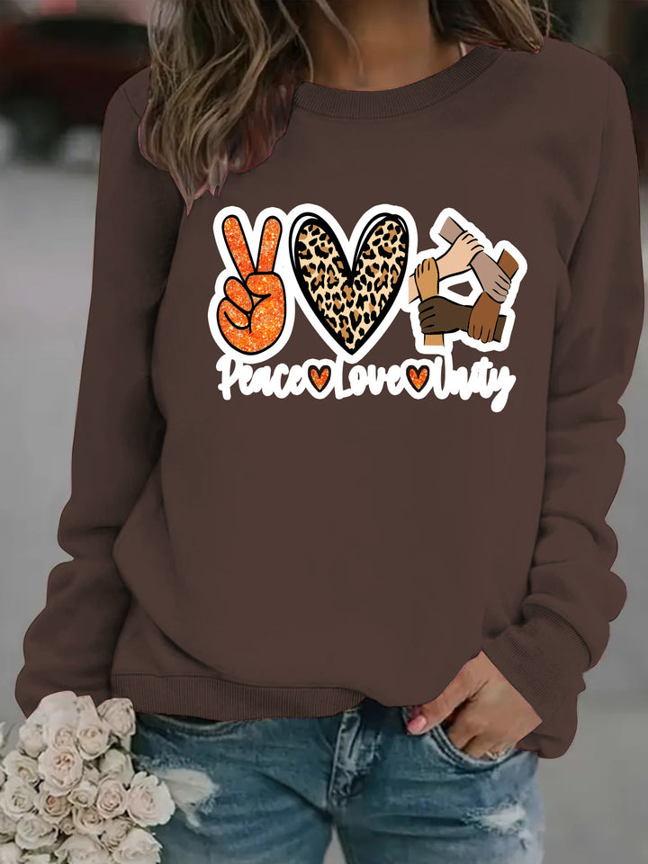 Kvinnegenser med kreativt Peace, Love & Unity-design Skjora