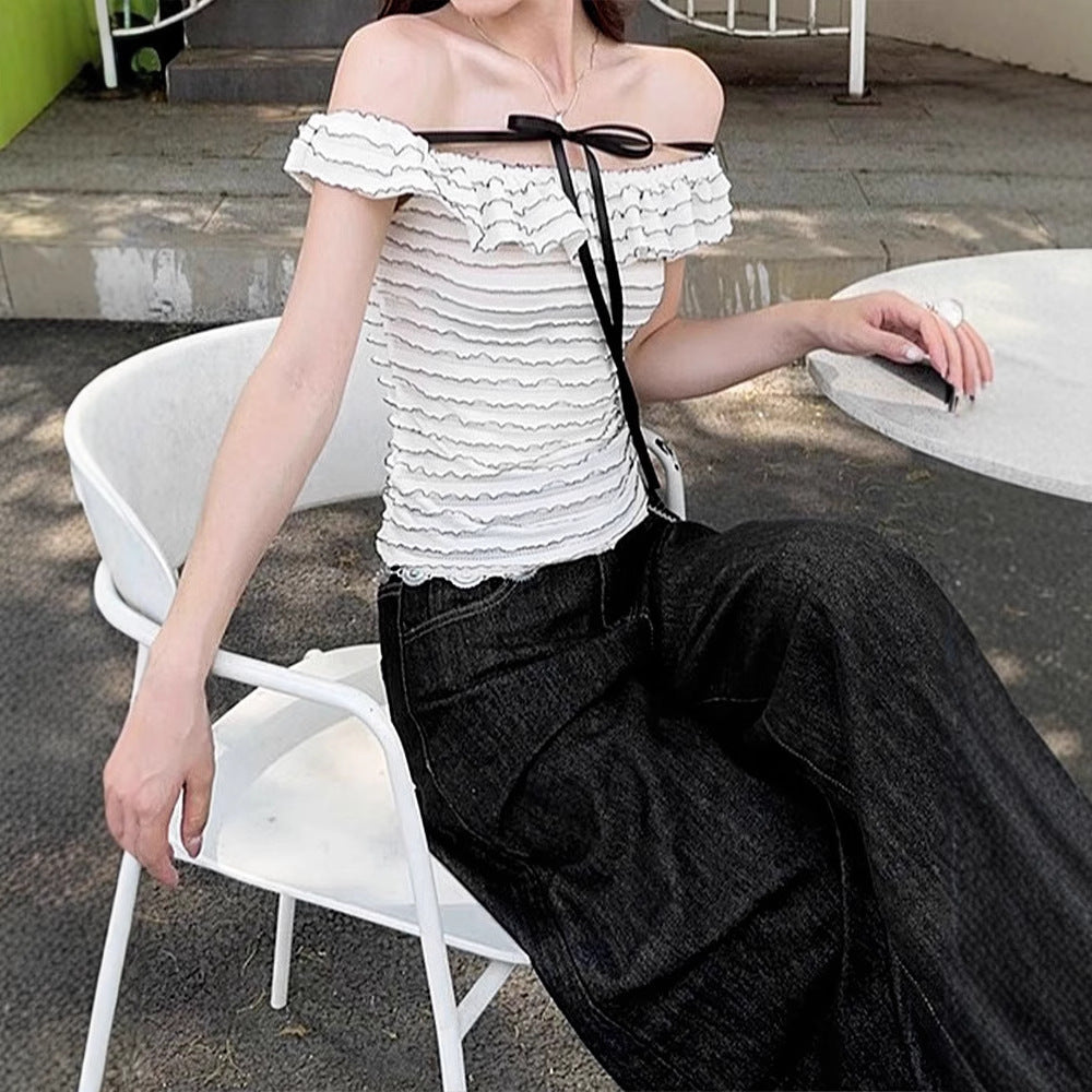 Dame Offshoulder-bluse med elegant bølgemønster Skjora