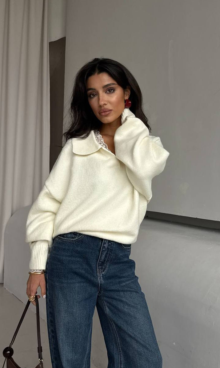 Kvinnenes uformelle oversized genser med krage Skjora