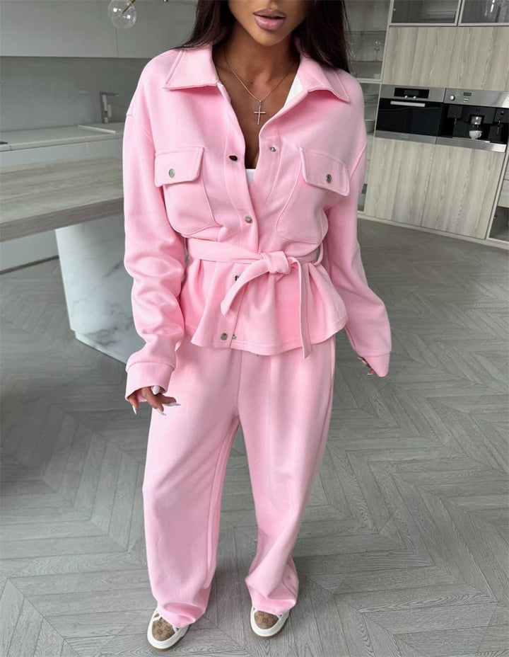 Dame Elegant Loungewear Sett med Casual Jakke og Vide Bukser Skjora