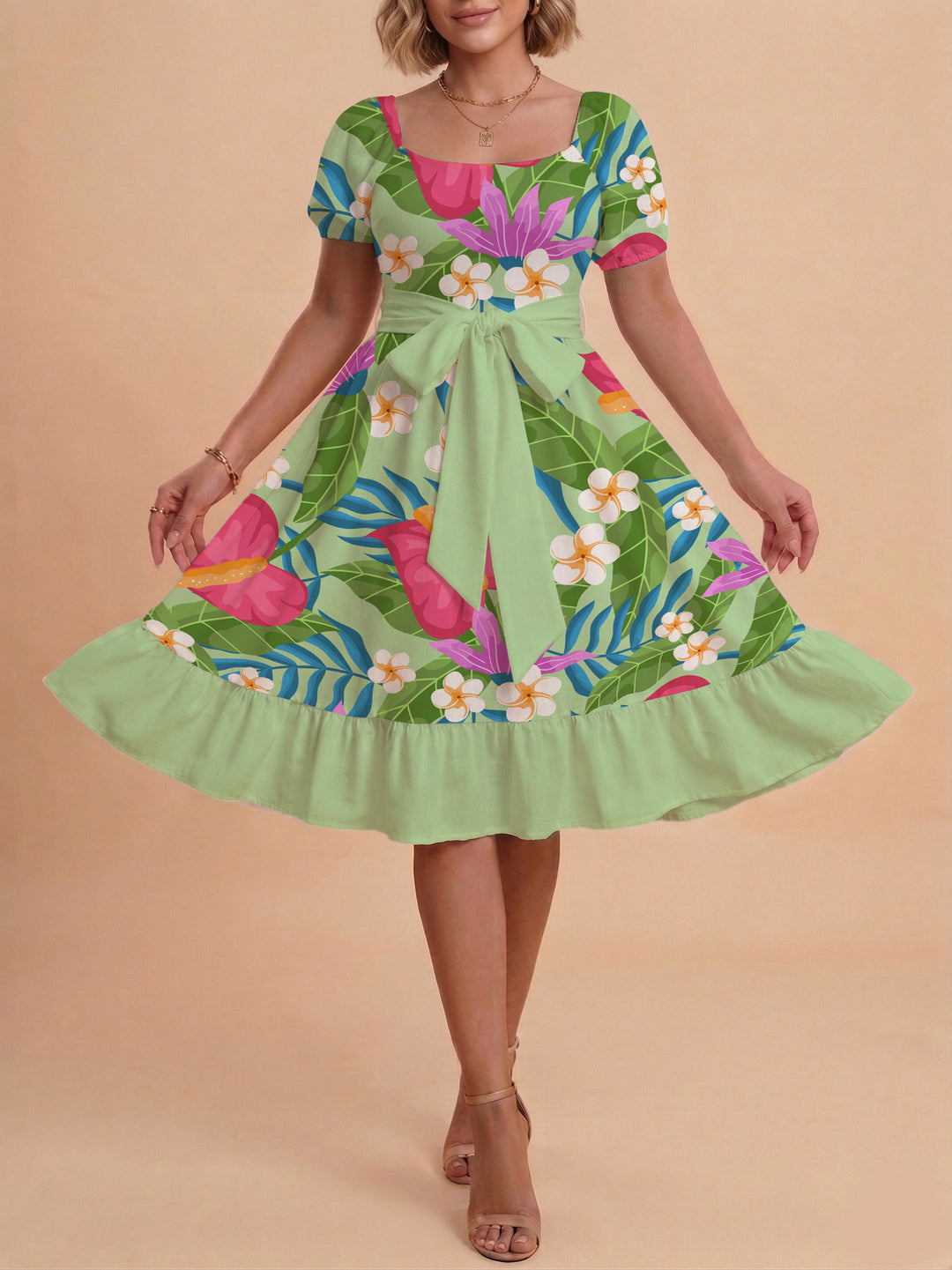 Damen Sommerkleid mit floralem Puffärmel und taillierbarem Gürtel Skjora