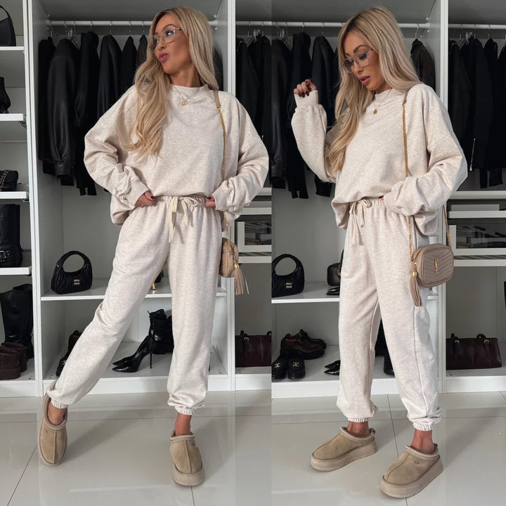 Kvinners stilige fleece loungewear-sett med løs passform og elastisk midjebånd Skjora