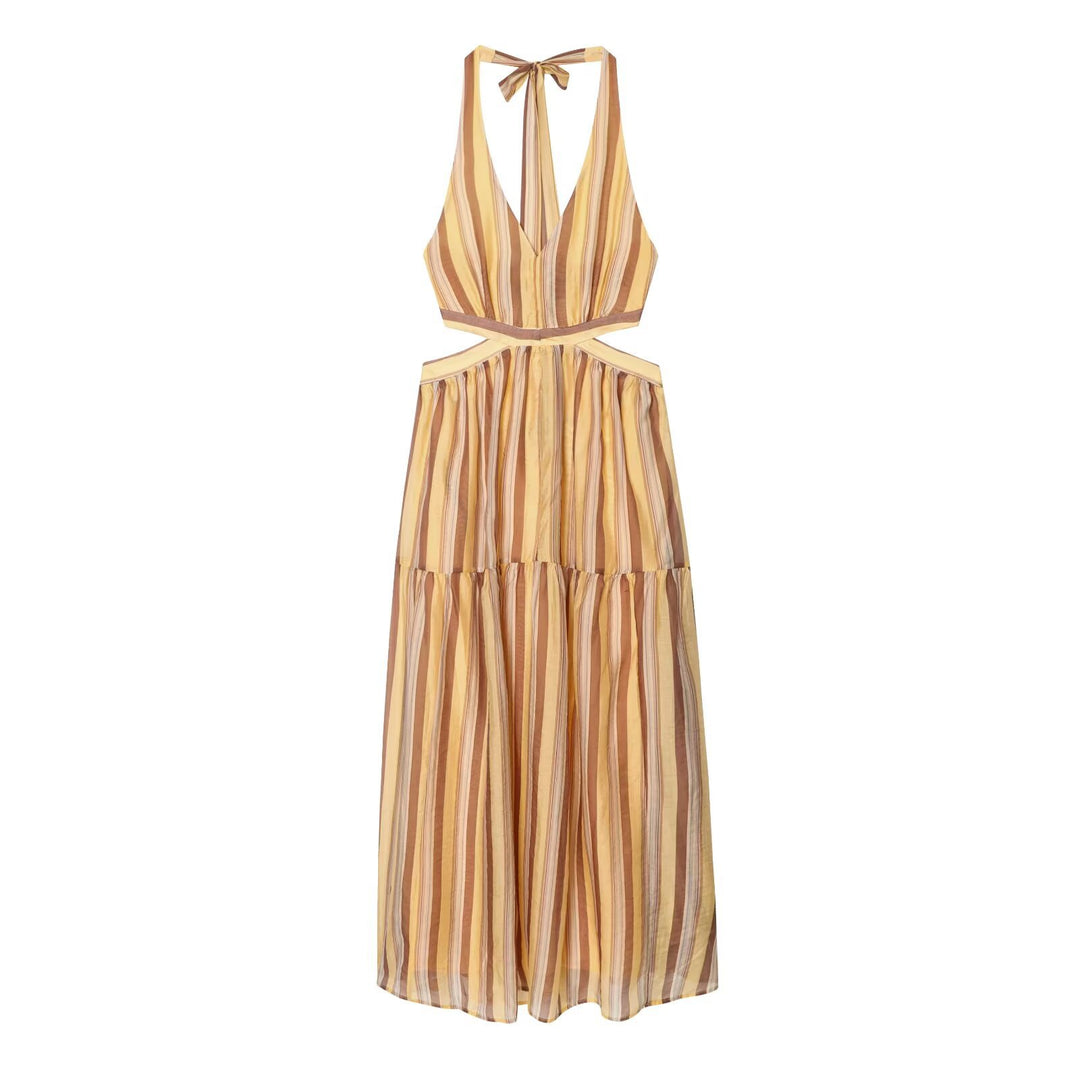 Dame midikjole med trendy cut-outs og spennende stripemønster Skjora