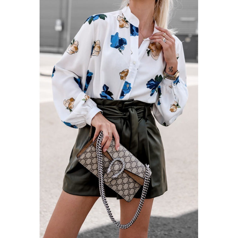 Bluse for kvinner med blomsterdesign og ballongermer Skjora