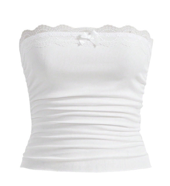 Dame bandeau topp med blonde detaljer og figursydde snitt Skjora