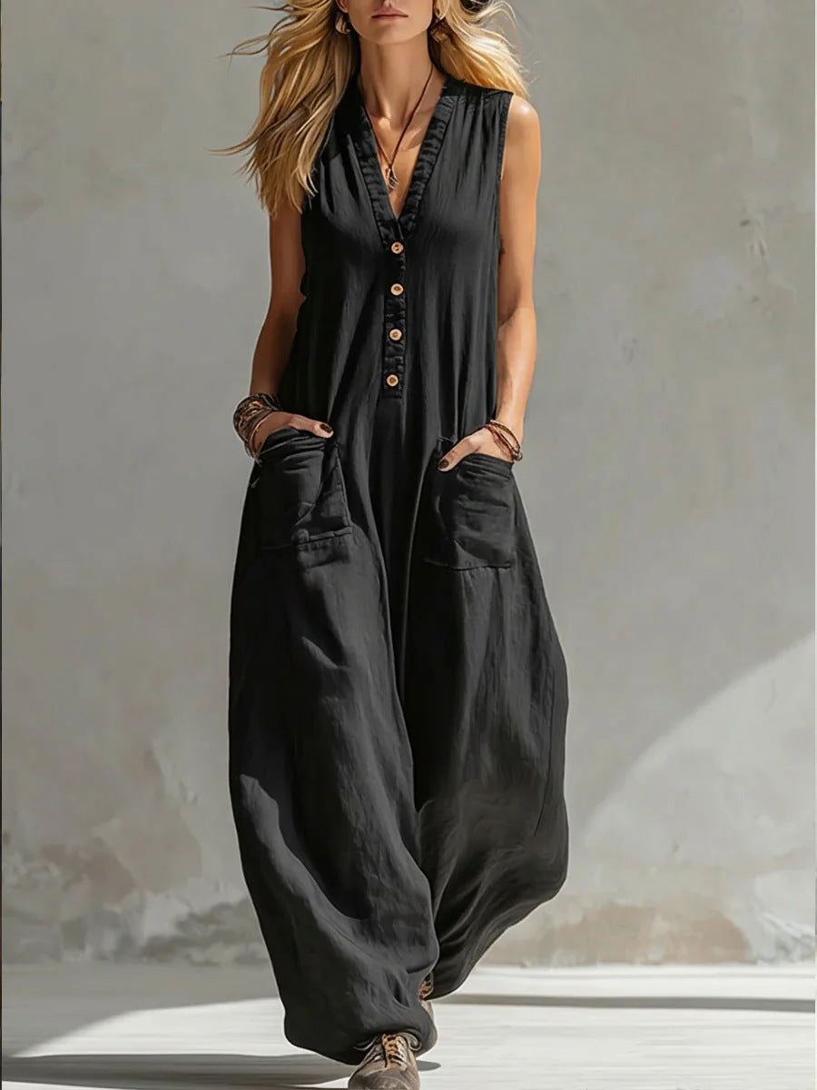 Dame jumpsuit med dyp V-halsing og praktiske lommer Skjora
