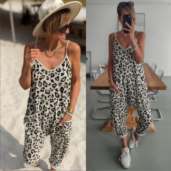 Dame casually jumpsuit med trendy leopardmønster og praktiske lommer Skjora
