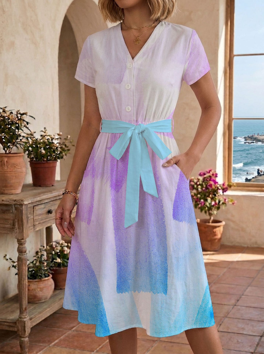 Damen Sommerliches Kleid mit taillierbarem Bindegürtel und floralem Muster Skjora