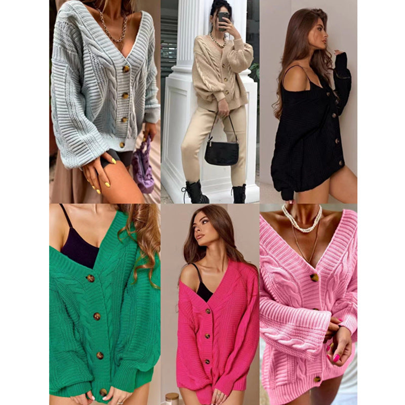 Kvinnens chunky strikk cardigan med store knapper og voluminøse ermer Skjora