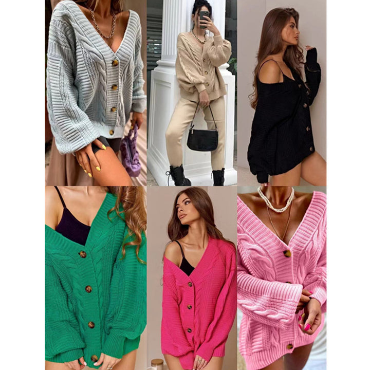Kvinnens chunky strikk cardigan med store knapper og voluminøse ermer Skjora