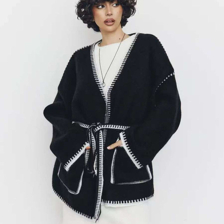 Damer Fashionable Strikket Cardigan med Midjebelte og Original Lomme-design Skjora