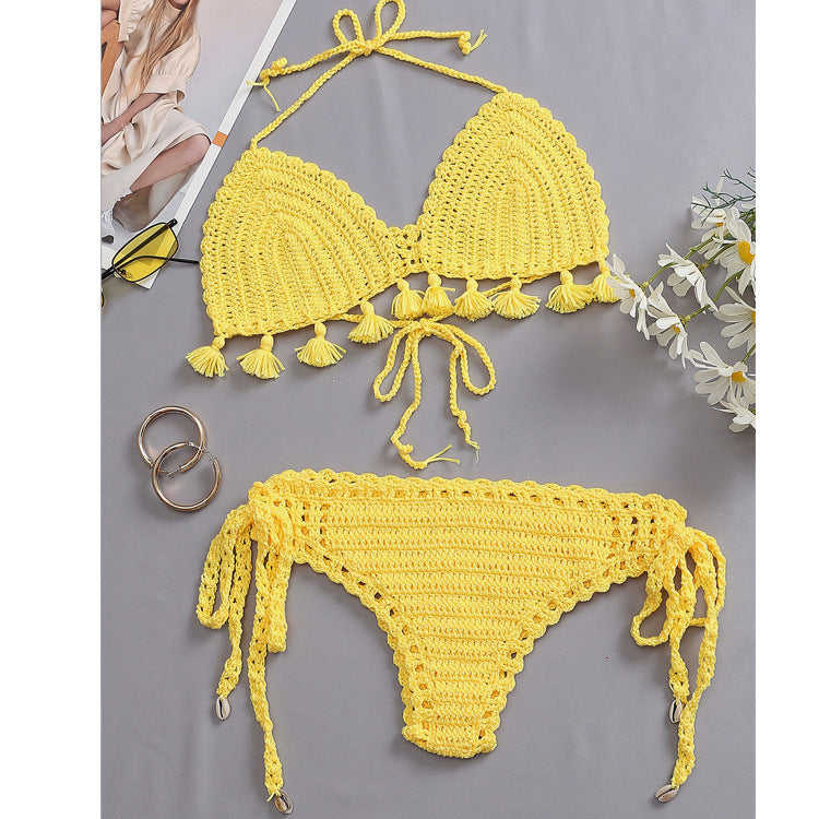 Damen Häkel-Bikini-Set mit fransigen Akzenten und verstellbaren Trägern Skjora