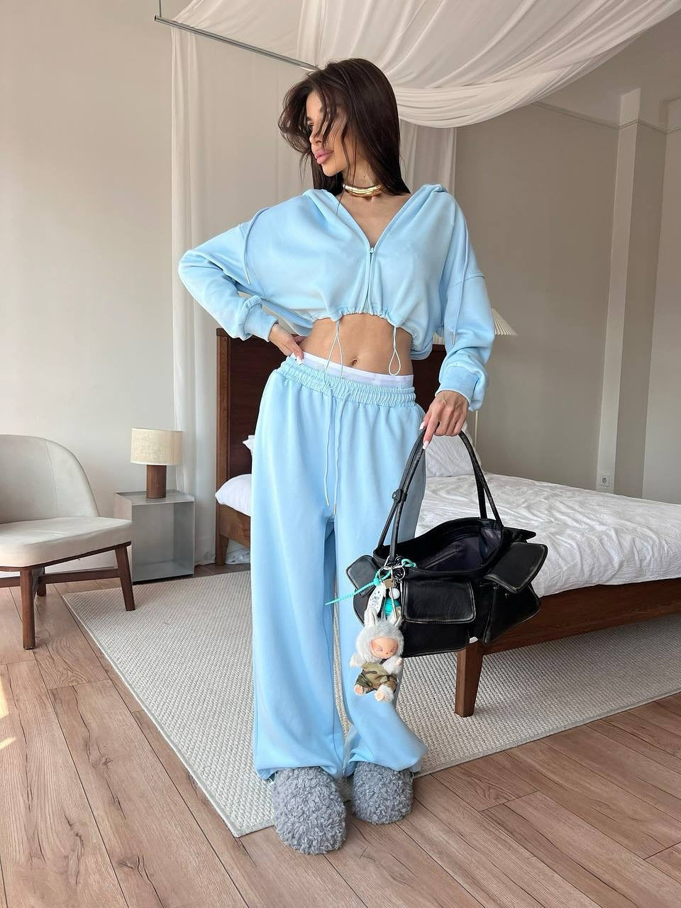 Kvinners komfortable Cropped Sweat-jakke og Joggebukse Sett Skjora