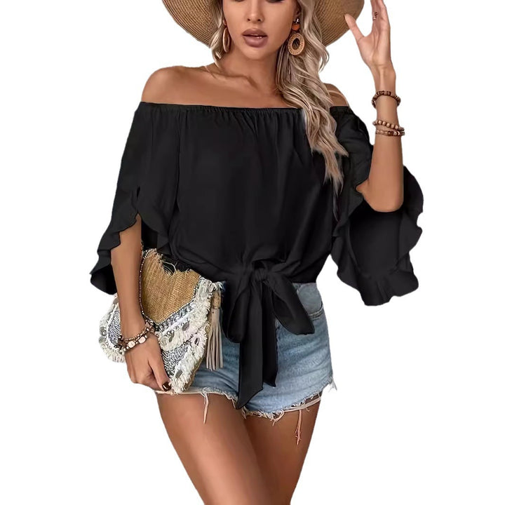 Dame Off-Shoulder-bluse med volangdetaljer og midjebinding Skjora