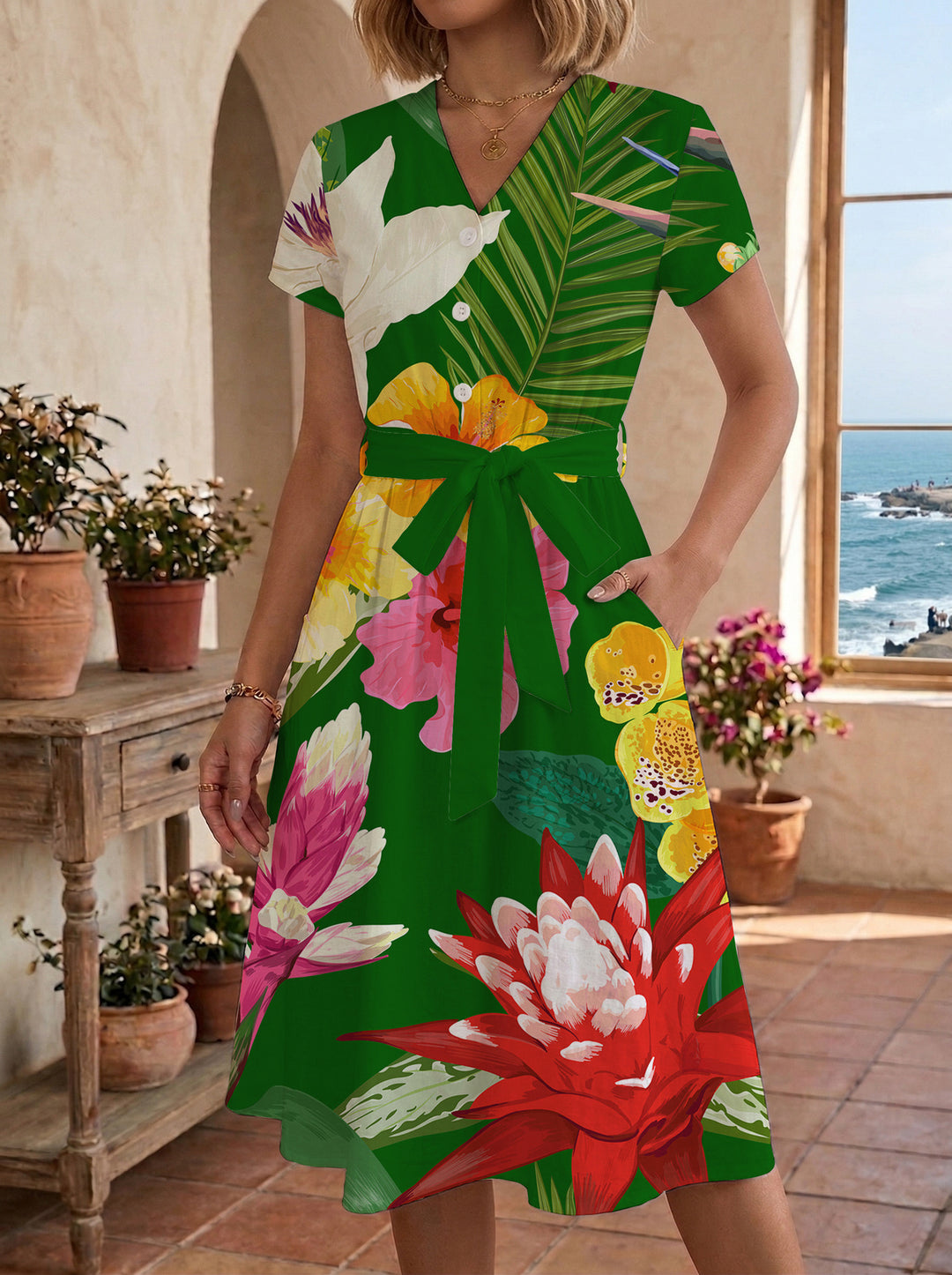 Damen Midikleid mit floralem Motiv und Taillengürtel Skjora