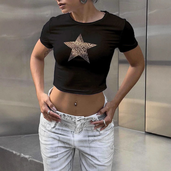 Dame Crop-T-skjorte med stilfullt leopardstjernedesign Skjora