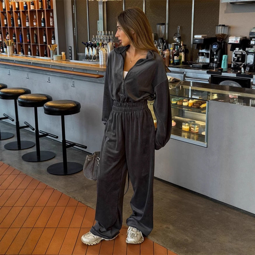 Kvinne Casual Fleece Jumpsuit med Høy Krage og Praktisk Glidelås Skjora