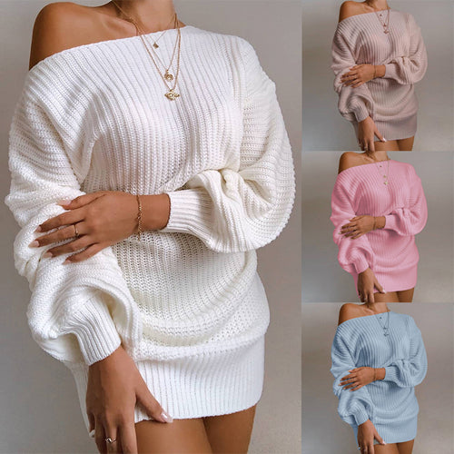 Kvinners uformelle strikket kjole med off-shoulder design og voluminøse ermer Skjora
