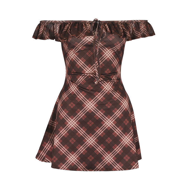 Dame Off-Shoulder Minikjole med leken volangkant og rutet design Skjora