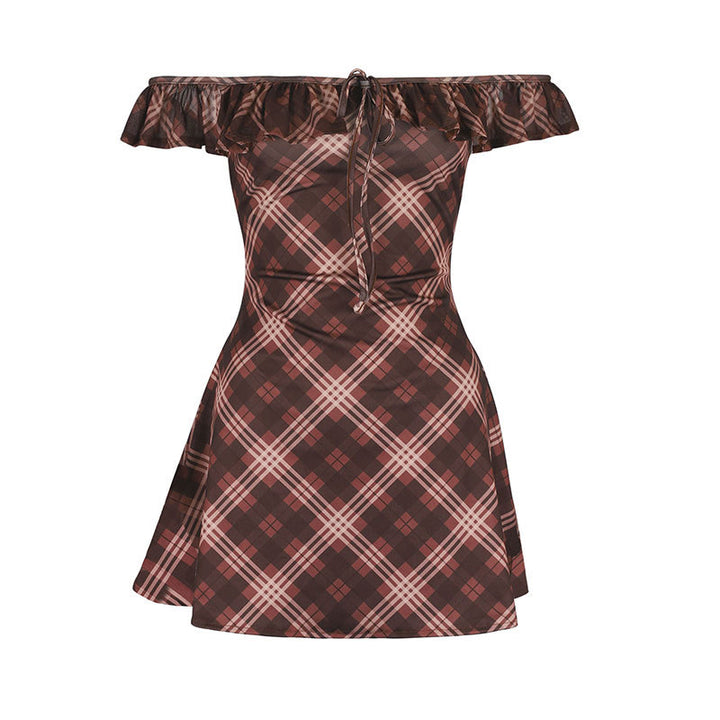 Dame Off-Shoulder Minikjole med leken volangkant og rutet design Skjora