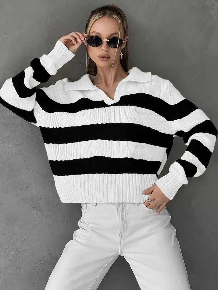 Kvinne casual genser med V-hals og brede striper Skjora