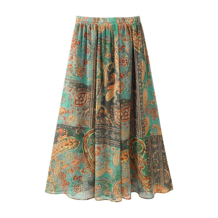 Dame Maxiskjørt i elegant paisley-mønster med elastisk midje Skjora