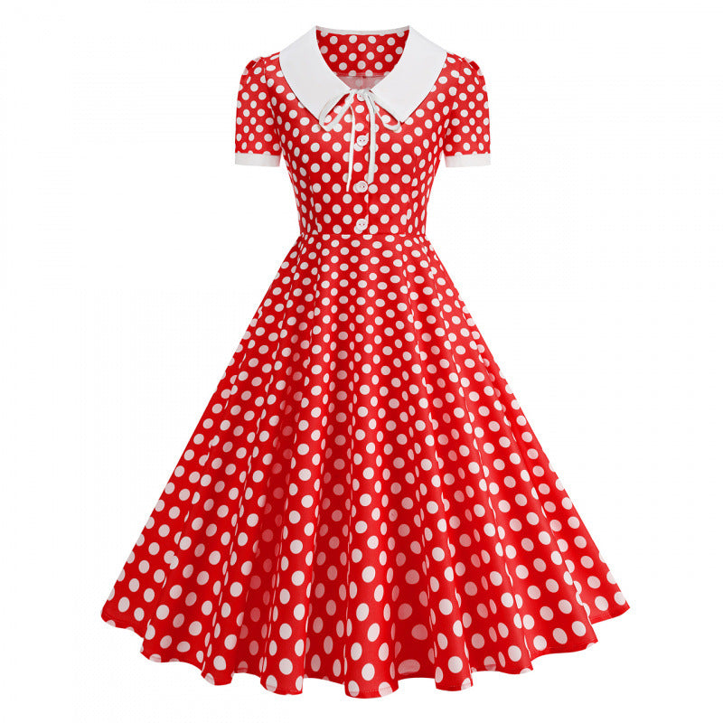 Dame Retro Maxikjole med Krage og Dots Skjora