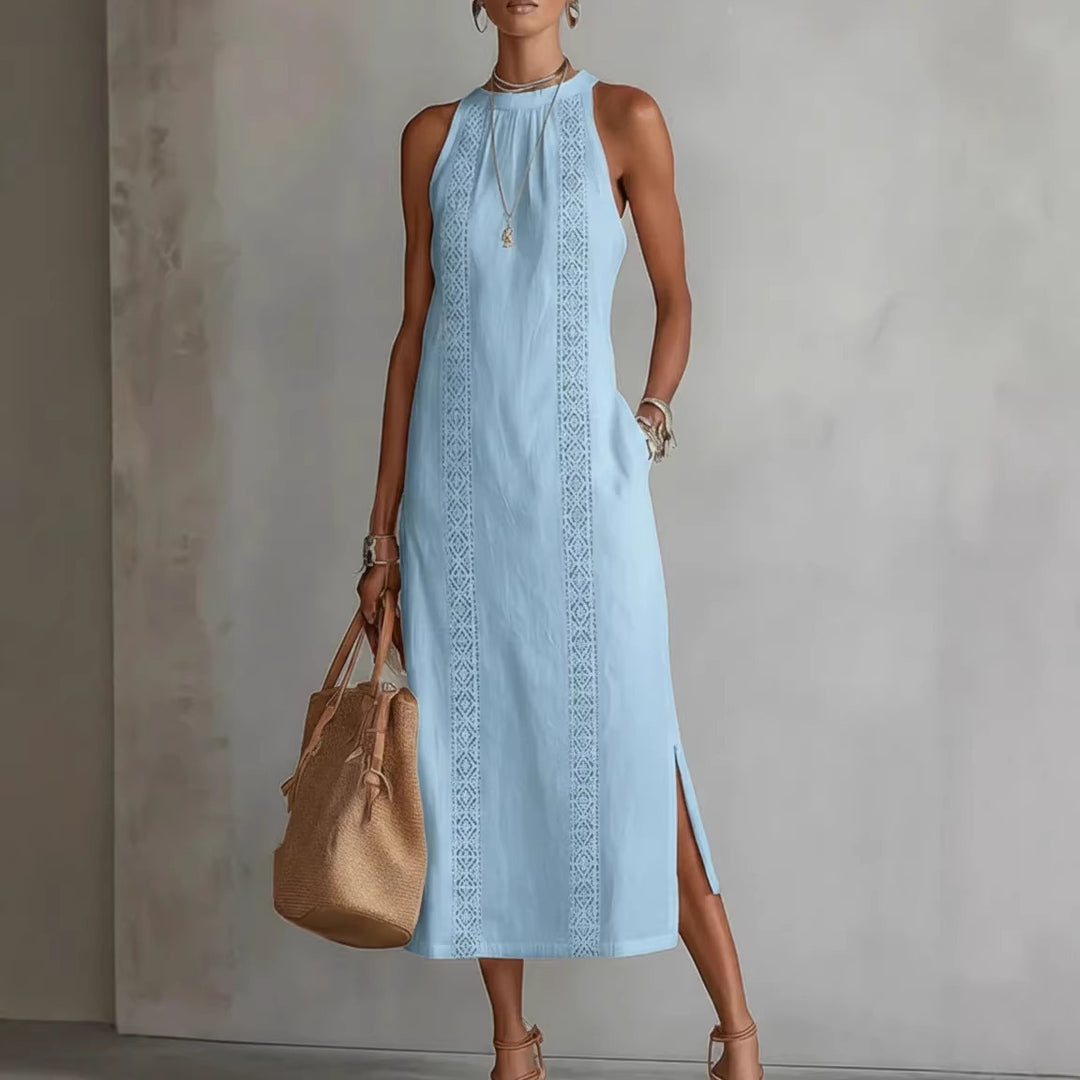 Damer Elegant Sommer-Maxi-Kjole med Spissapplikasjon og sideløft Skjora