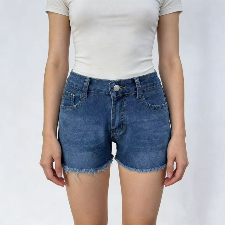 Dame uformelle jeansshorts med fransete kanten og høy midje Skjora