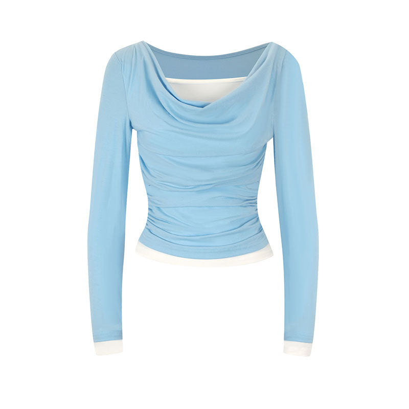 Dame figurtilpasset longsleeve med elegant rynkeeffekt og dyp utringning Skjora