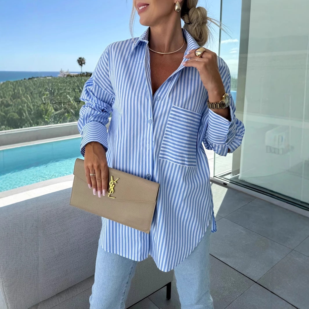 Kvinne casual skjorte bluse med klassisk stripemønster og pålagt brystlomme Skjora