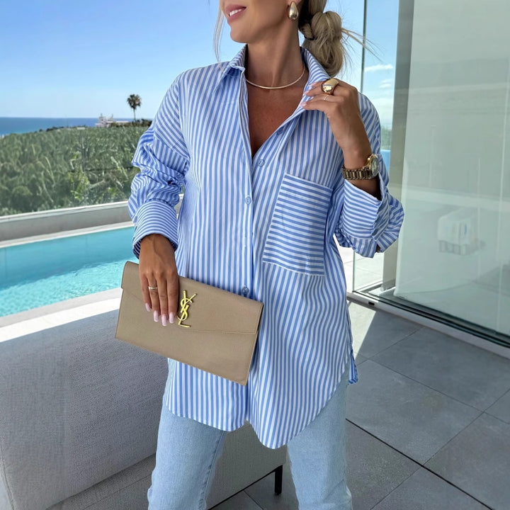Kvinne casual skjorte bluse med klassisk stripemønster og pålagt brystlomme Skjora