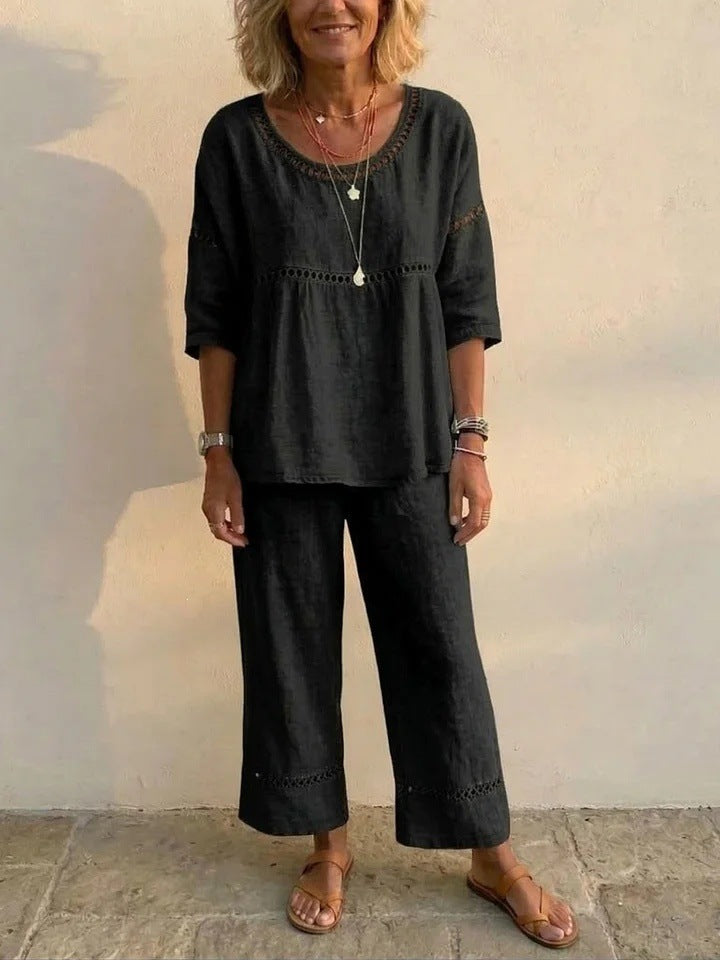 Kvinnenes komplette lin loungewear-drakt med luftig passform og blonder detaljer Skjora