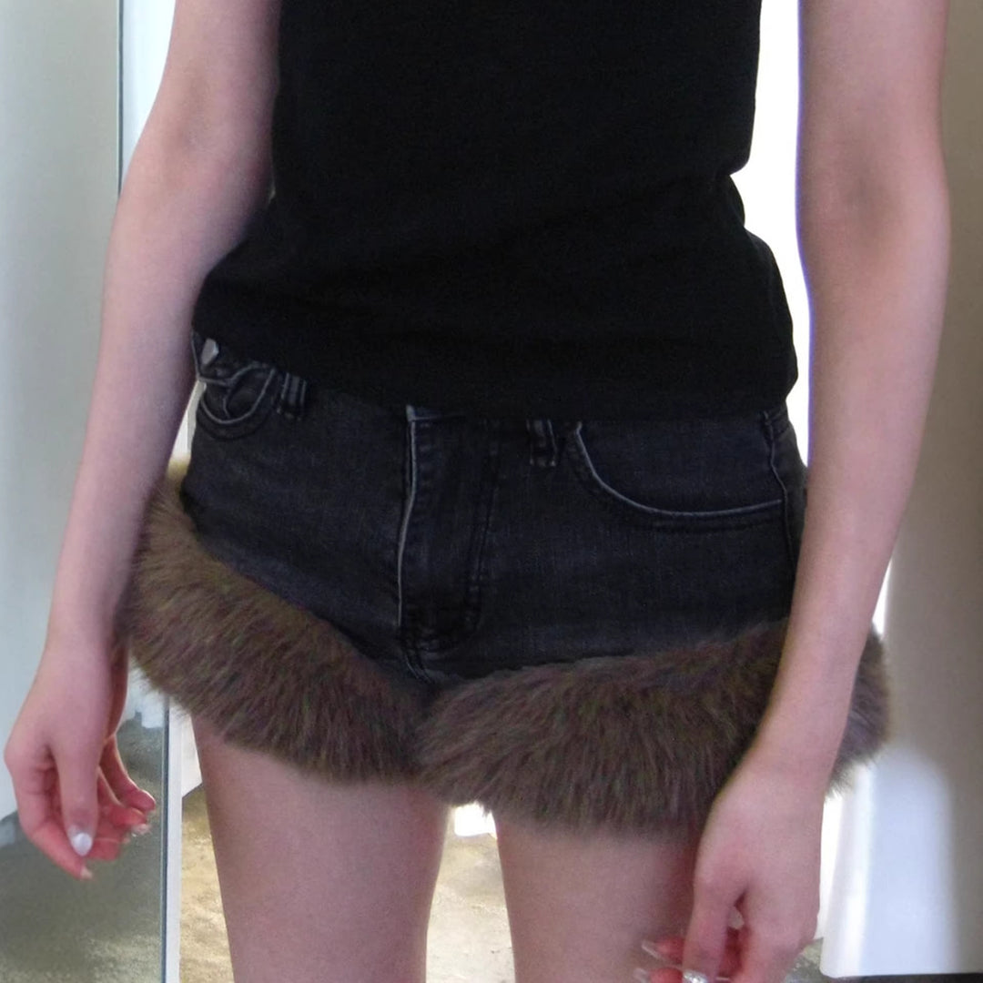 Dame Jeansshorts med luksuriøs kunstpelskant Skjora