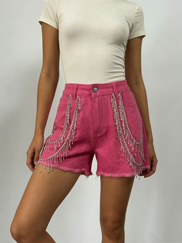 Dame Designer Denim-Shorts med trendy kjede dekorasjoner Skjora
