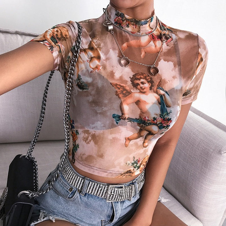 Damer Høyhalset Crop-Top med romantiske engelmotiver Skjora