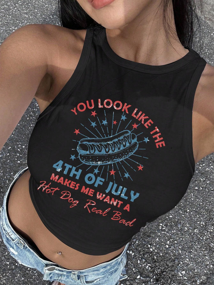 Dame Cropped Tanktop med kreativ tekst og livlig design Skjora