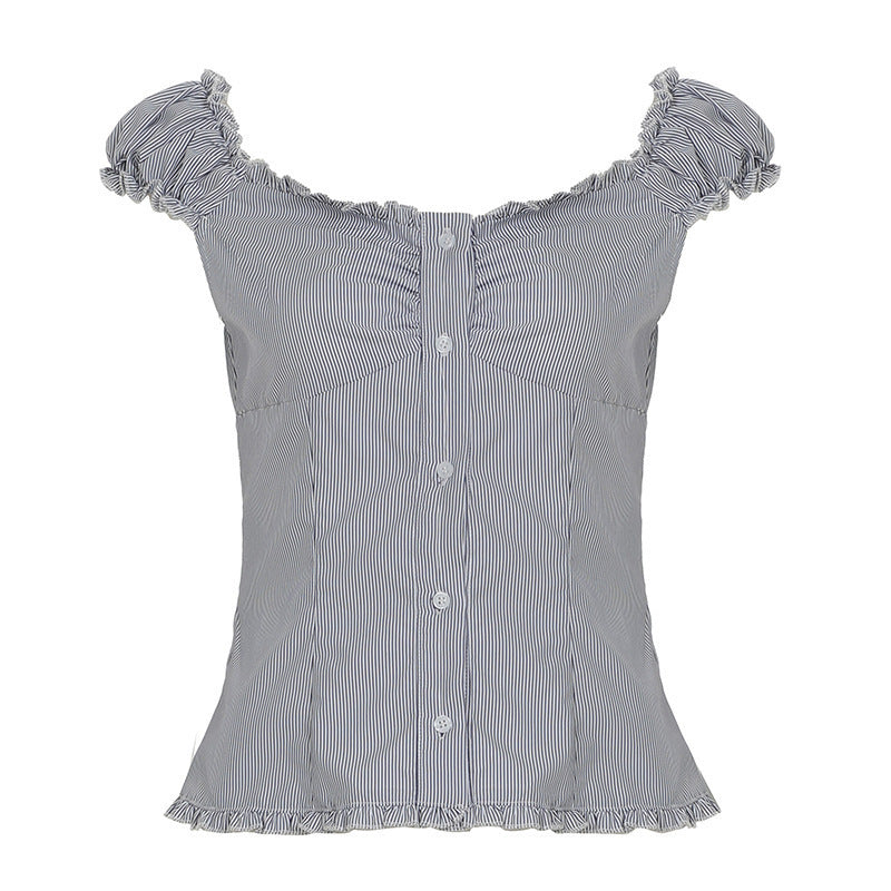 Dame bluse topp med volangdetaljer og elegante striper Skjora