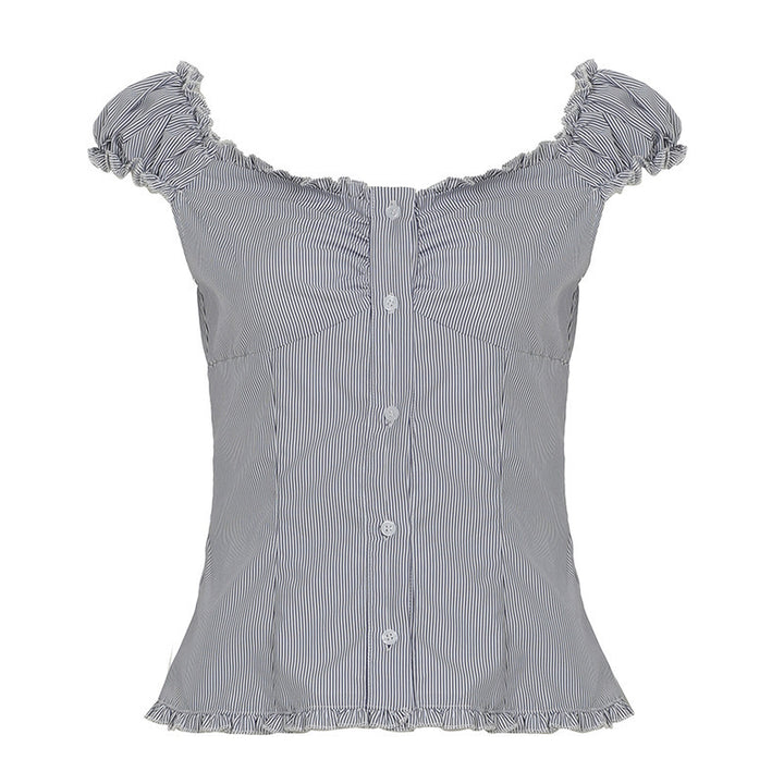 Dame bluse topp med volangdetaljer og elegante striper Skjora